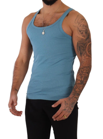 a man with a beard wearing a blue tank top