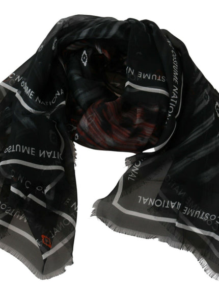 a black and white scarf with words on it