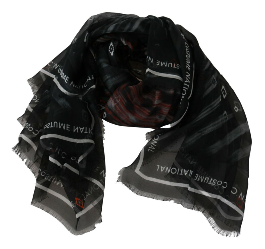 a black and white scarf with words on it