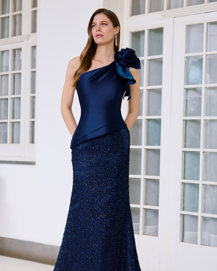 Rosa Clara Rosette One Shoulder Beaded Gown