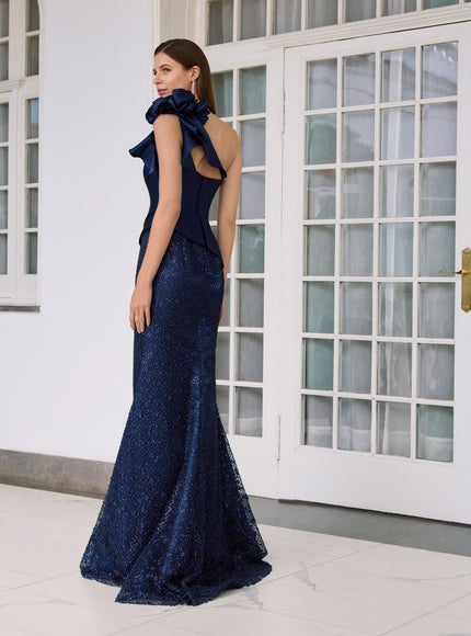 Rosa Clara Rosette One Shoulder Beaded Gown