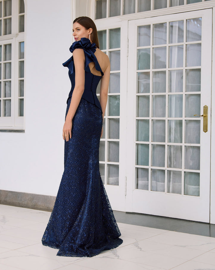 Rosa Clara Rosette One Shoulder Beaded Gown