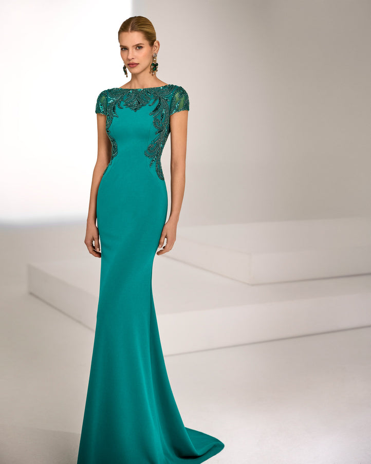 Rosa Clará Marfil Barcelona Beaded Crepe Evening Gown
