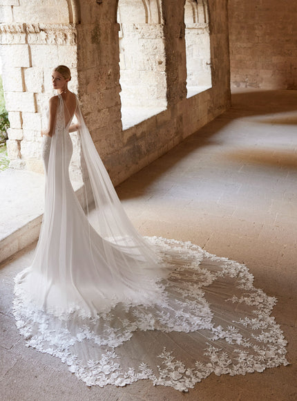 Rosa Clará Lior Crepe Wedding Gown with Lace Cape Train