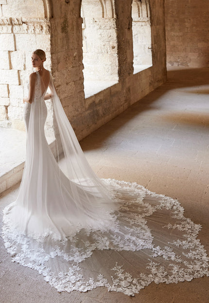 Rosa Clará Lior Crepe Wedding Gown with Lace Cape Train