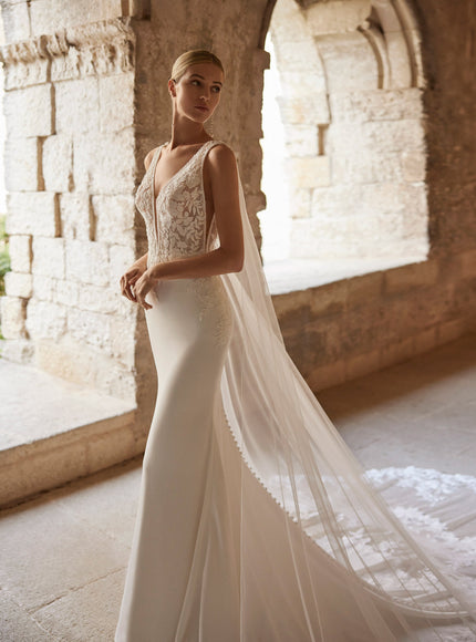 Rosa Clará Lior Crepe Wedding Gown with Lace Cape Train