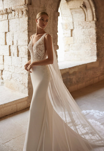 Rosa Clará Lior Crepe Wedding Gown with Lace Cape Train