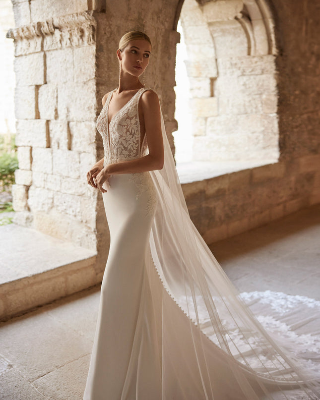 Rosa Clará Lior Crepe Wedding Gown with Lace Cape Train
