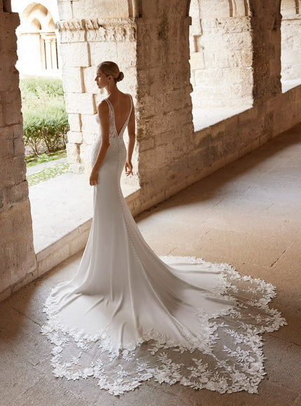 Rosa Clará Lior Crepe Wedding Gown with Lace Cape Train