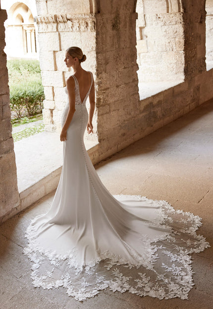 Rosa Clará Lior Crepe Wedding Gown with Lace Cape Train