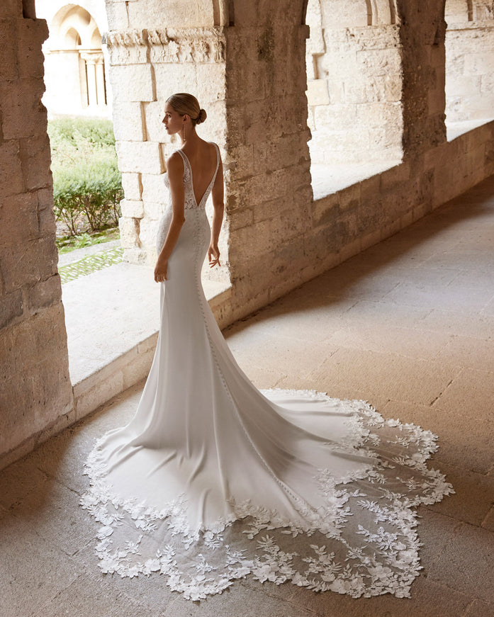 Rosa Clará Lior Crepe Wedding Gown with Lace Cape Train