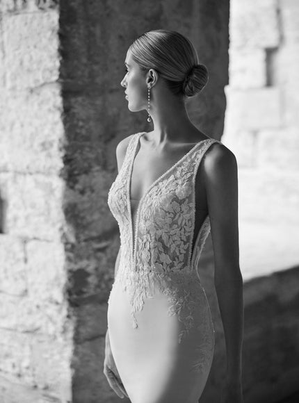 Rosa Clará Lior Crepe Wedding Gown with Lace Cape Train