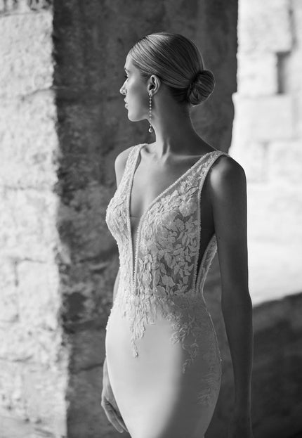 Rosa Clará Lior Crepe Wedding Gown with Lace Cape Train
