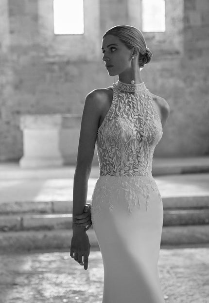 Rosa Clará Liora Stretch Crepe Wedding Gown with Illusion Halter Neckline
