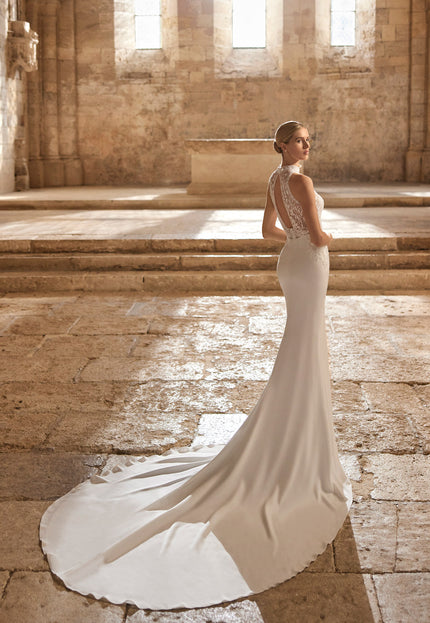 Rosa Clará Liora Stretch Crepe Wedding Gown with Illusion Halter Neckline