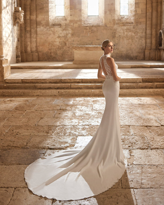 Rosa Clará Liora Stretch Crepe Wedding Gown with Illusion Halter Neckline