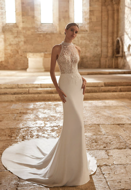Rosa Clará Liora Stretch Crepe Wedding Gown with Illusion Halter Neckline