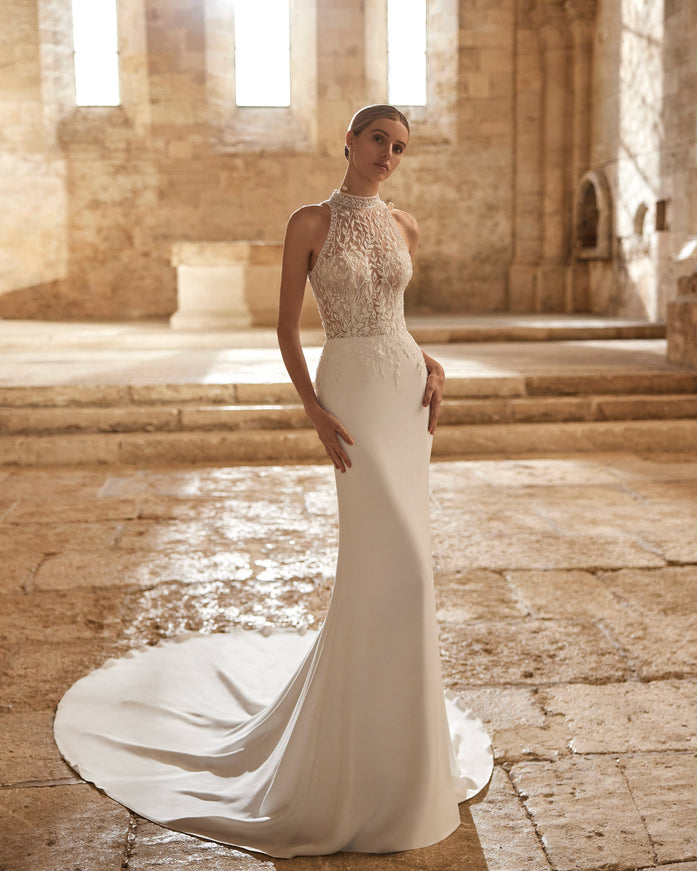 Rosa Clará Liora Stretch Crepe Wedding Gown with Illusion Halter Neckline