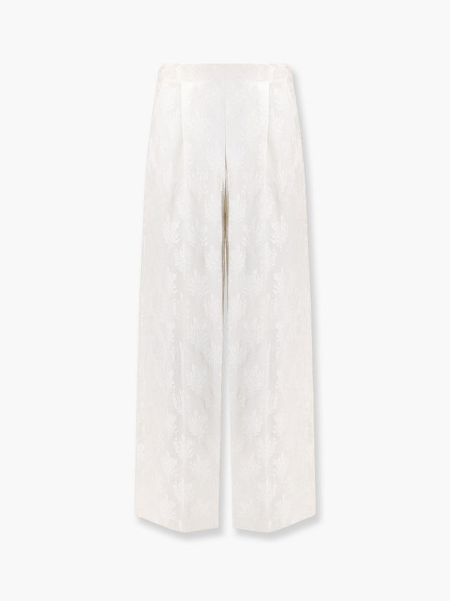 Fendi Jacquard Silk Trouser With Floral Motif Bianco
