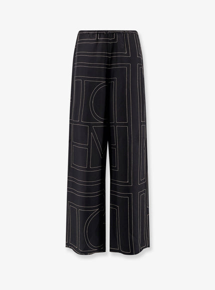 Toteme Silk Trousers With Monogram Logo Embroidery Nero