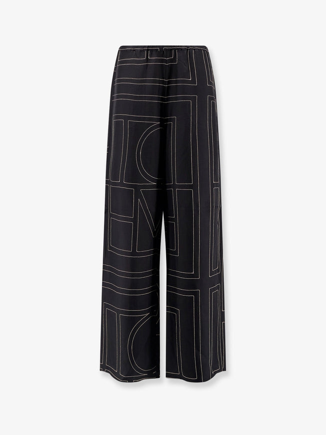 Toteme Silk Trousers With Monogram Logo Embroidery Nero