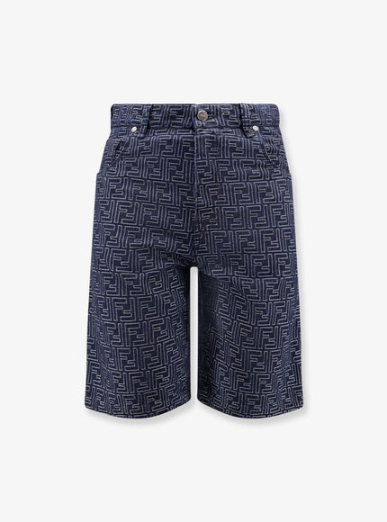 Fendi Denim Bermuda Shorts With All-Over Ff Logo Indigo