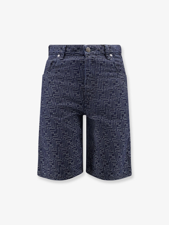 Fendi Denim Bermuda Shorts With All-Over Ff Logo Indigo