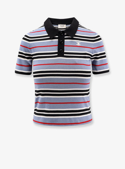 Celine Cotton Knit Polo Shirt With Striped Motif Denim Black Off White