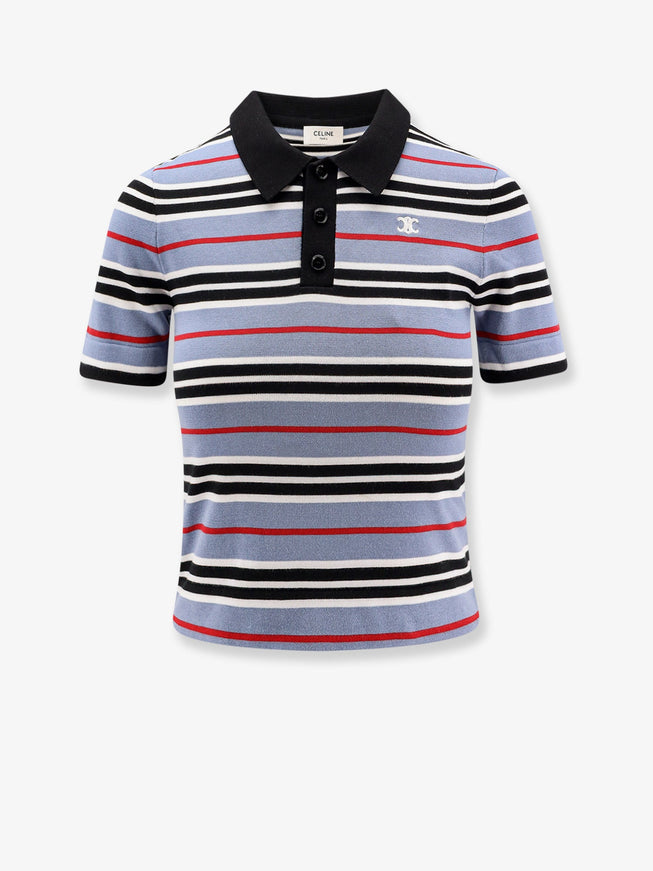 Celine Cotton Knit Polo Shirt With Striped Motif Denim Black Off White