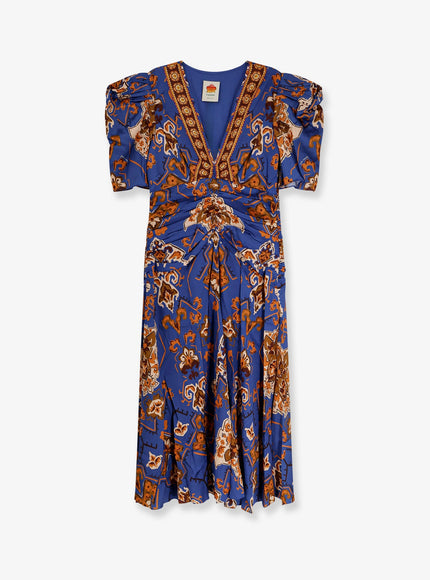 Farm Rio Ornament Floral Viscose Midi Dress Ornament Floral Blue