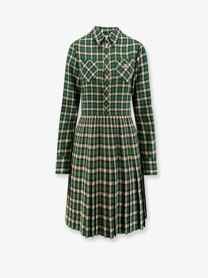 Celine Tartan Wool Mini Dress Emerald Chalk Yellow