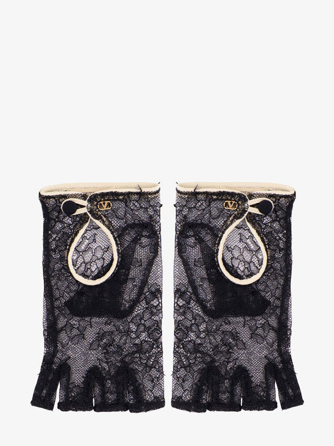 Valentino Garavani Lace Gloves With Leather Profiles Nero Burro Oro