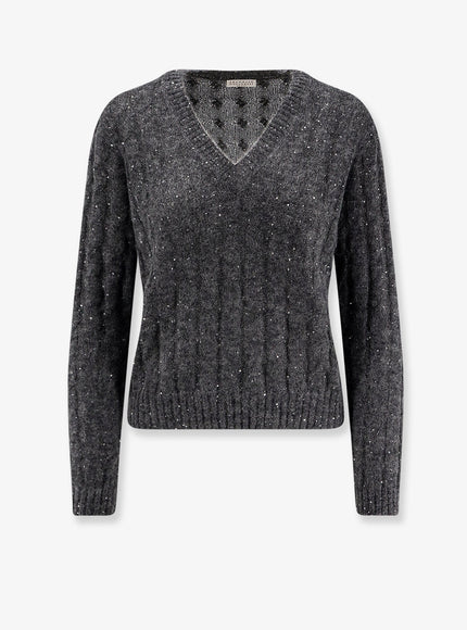 Brunello Cucinelli Wool Blend Sweater With All-Over Sequins Antracite