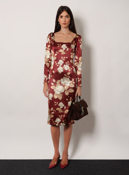 Dolce & Gabbana Vintage Rose Print Satin Midi Pencil Dress