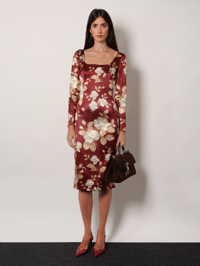Dolce & Gabbana Vintage Rose Print Satin Midi Pencil Dress