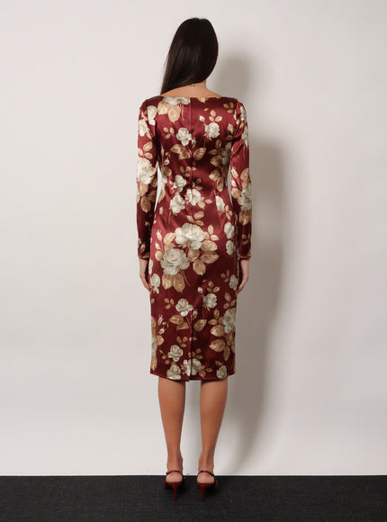 Dolce & Gabbana Vintage Rose Print Satin Midi Pencil Dress