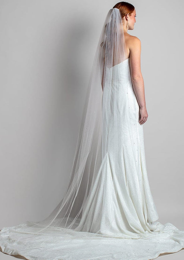 2301 Silver Pencil Edge and Crystal Trimmed Chapel Veil