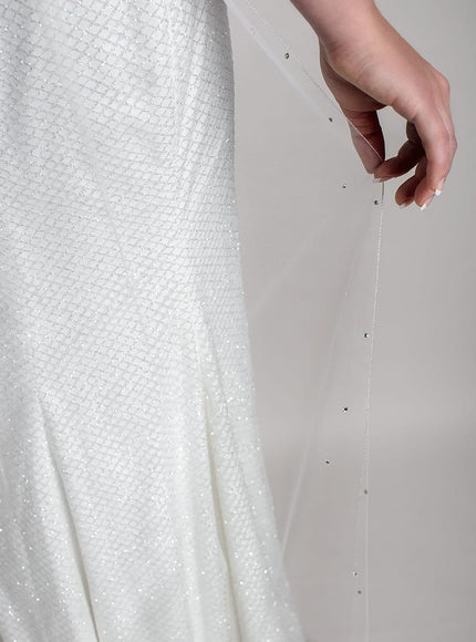 2301 Silver Pencil Edge and Crystal Trimmed Chapel Veil