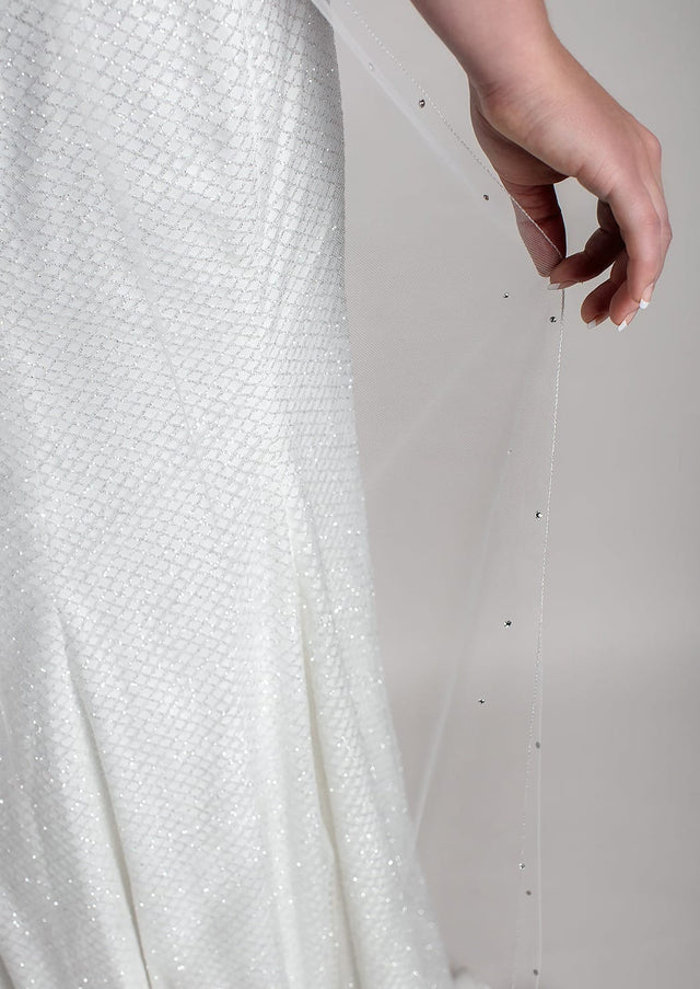 2301 Silver Pencil Edge and Crystal Trimmed Chapel Veil