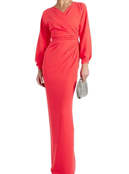 Rhea Costa Wrap Effect Crepe Gown in Scarlett Red