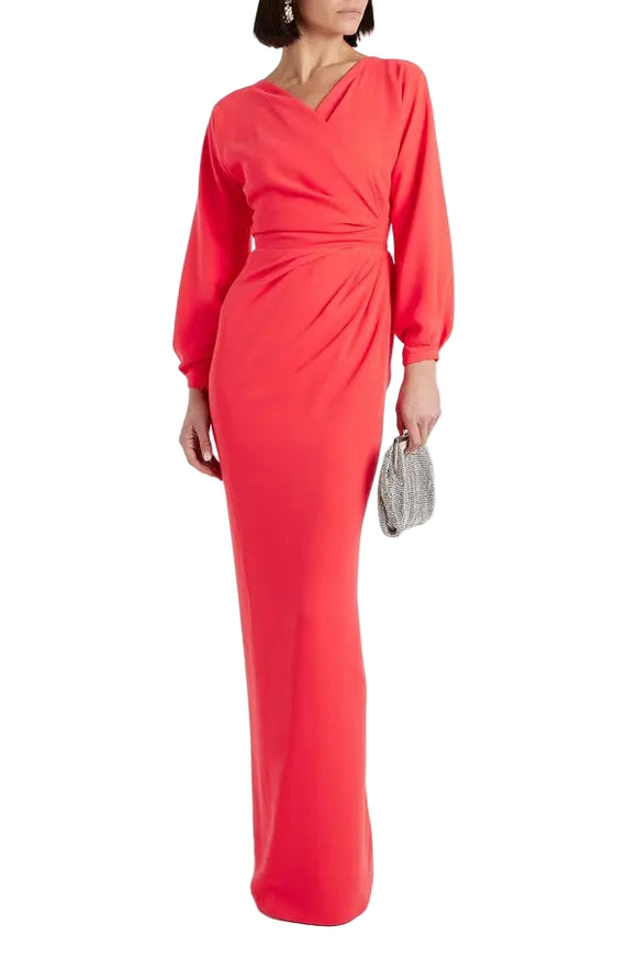 Rhea Costa Wrap Effect Crepe Gown in Scarlett Red