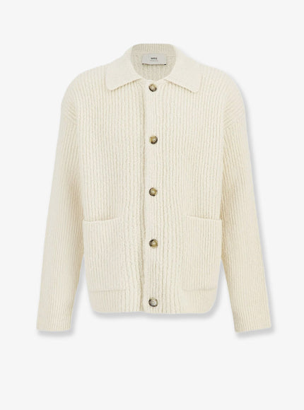 Ami Paris Wool And Cotton Ribbed Cardigan Ivoire