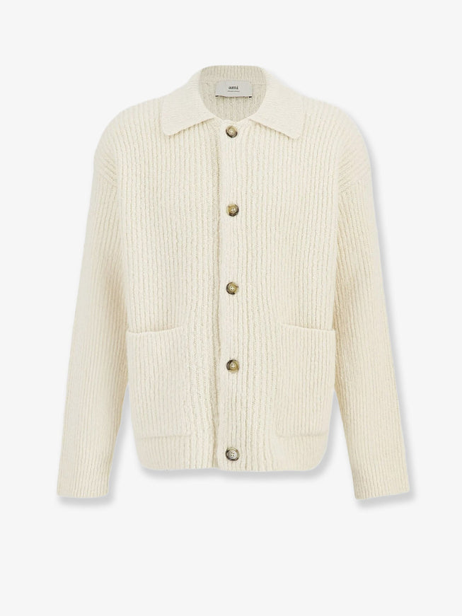 Ami Paris Wool And Cotton Ribbed Cardigan Ivoire