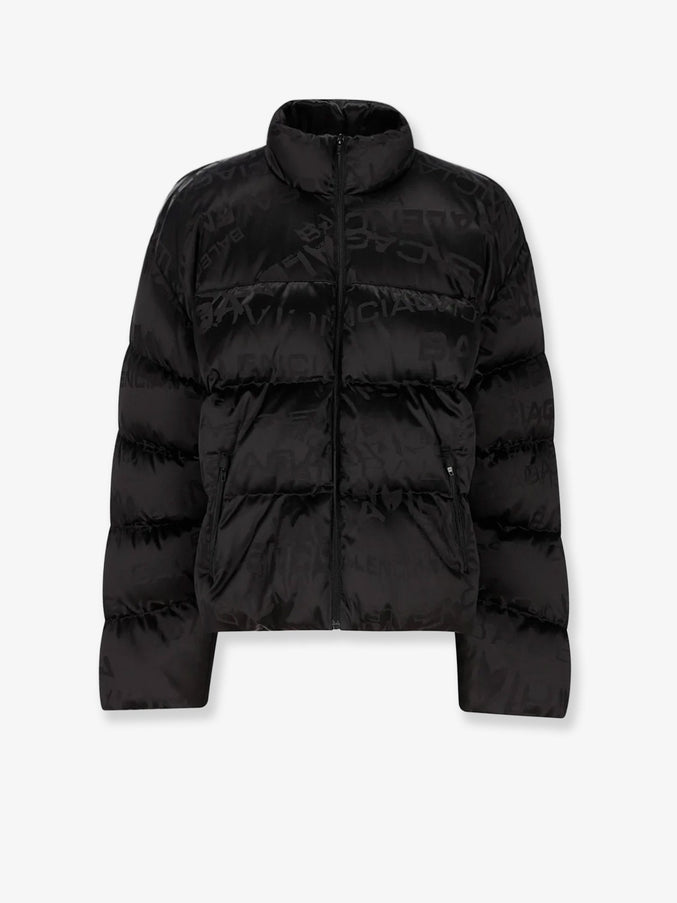 Balenciaga Nylon Down Jacket With All-Over Lettering Logo Black