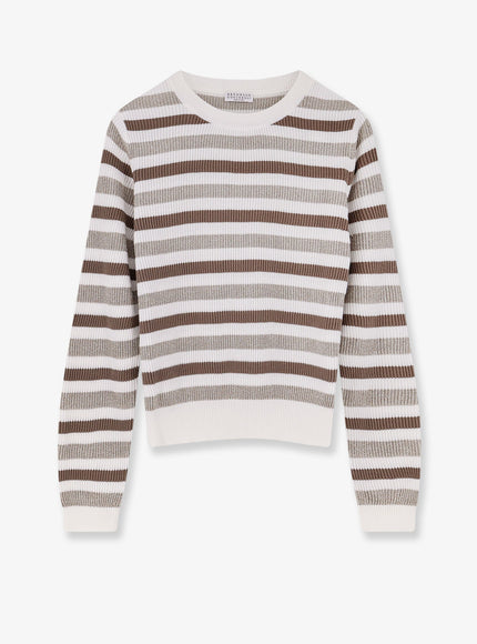 Brunello Cucinelli Sparkling Stripes Cotton Sweater Beige