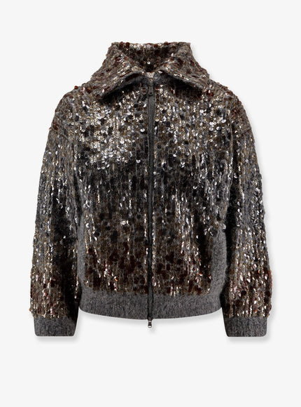 Brunello Cucinelli Mohair Cardigan With All-Over Sequins Grigio Scuro