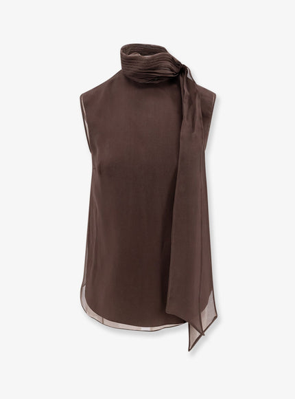 Brunello Cucinelli Crispy Silk Top With Lavallière And Monili Cacao