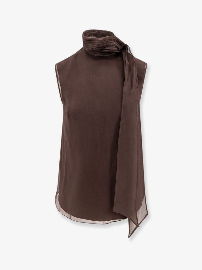 Brunello Cucinelli Crispy Silk Top With Lavallière And Monili Cacao