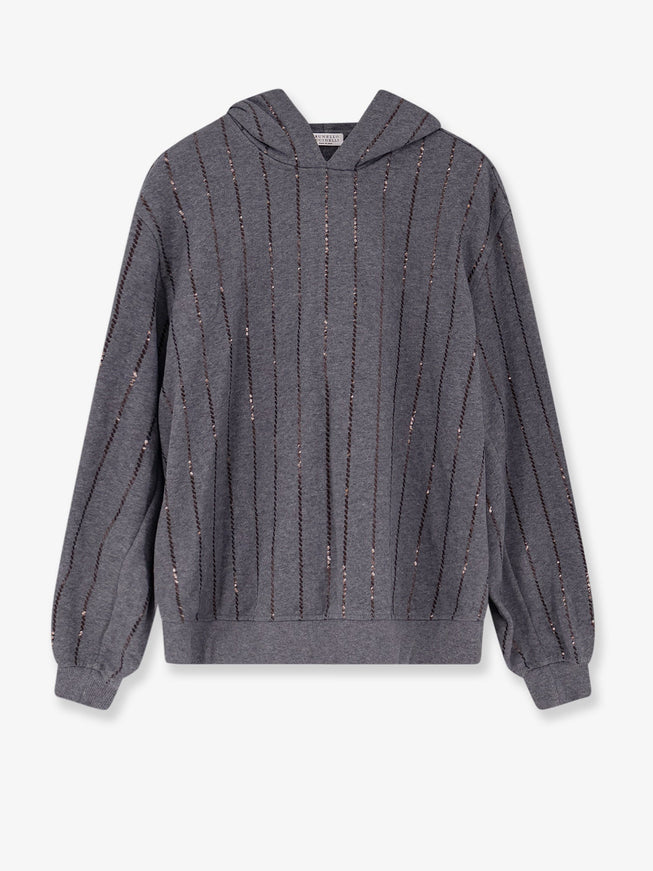 Brunello Cucinelli Dazzling Chalk Stripe Embroidery Cotton Sweatshirt Piombo