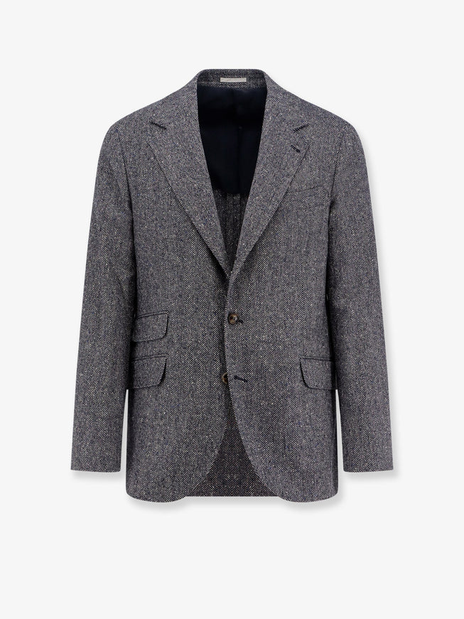Brunello Cucinelli Herringbone Wool And Cashmere Blazer Navy